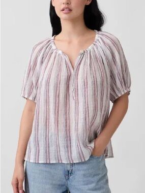 233. GAP Striped Cotton Linen Peasant Blouse Puff Sleeve White Mauve Size M